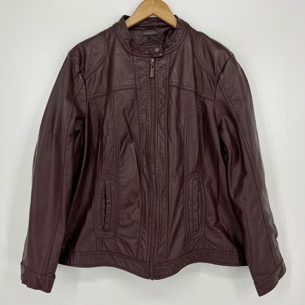 Joujou Womens Burgundy Faux Leather Moto Jacket Zip Front Plus Size 2X